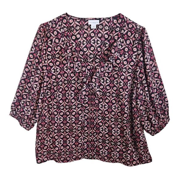 Liz Claiborne V Neck 3/4 Sleeve Blouse Top Plus Size 0X Pink Black Paisly - Picture 1 of 8
